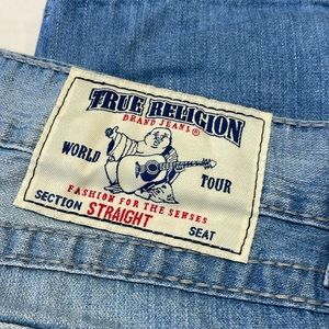 TRUE RELIGION MENS JEANS SIZE 34 STRAIGHT LEG  GREY AND ORANGE BIG T  ZIPPER FLY